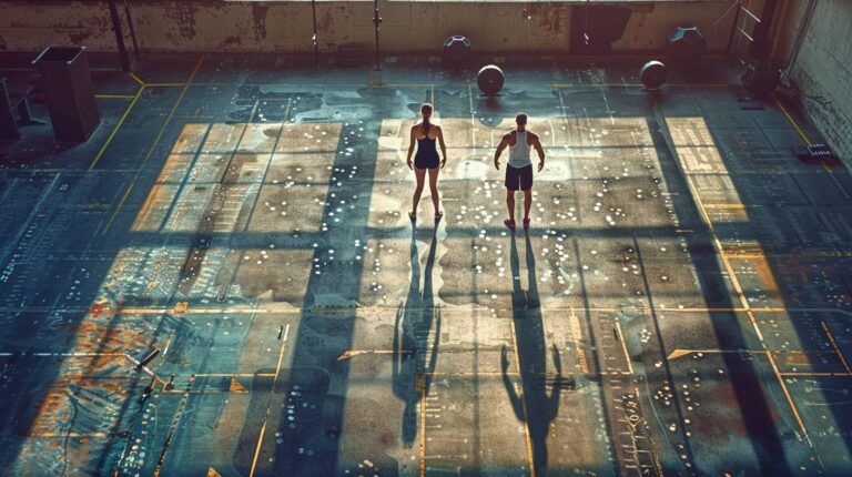 un homme et une femme en train de faier un wod au poids du corps dans une salle de crossfit