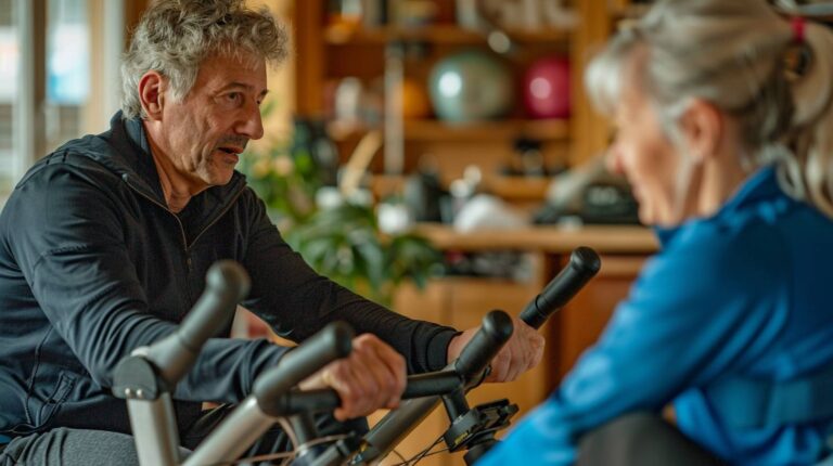 un homme fait du velo d'appartement pendant que sa femme le regarde